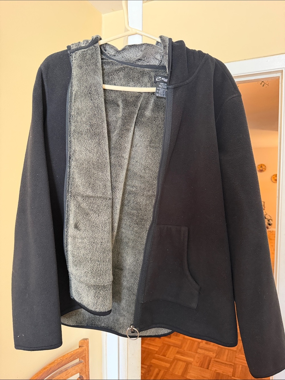 Black Hooded Teddy-Lined Jacket with Zip and Pockets